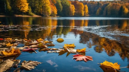 A Serene Autumn Reflection: Vibrant Leaves Floating on a Calm Lake Surrounded by Golden Foliage, Capturing the Essence of Fall's Natural