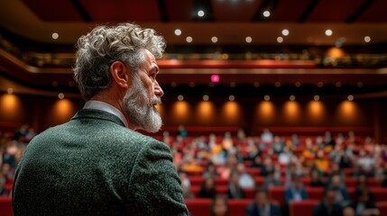 Fototapeta premium Speaker addressing audience in auditorium with blurred crowd background, for business presentations
