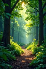Fototapeta premium Dense foliage obstructs the path into the forest, sunlight filtering, forest path
