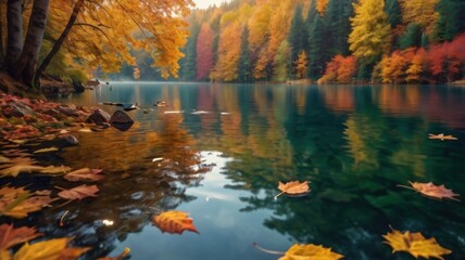 A Serene Autumn Reflection: Vibrant Leaves Floating on a Calm Lake Surrounded by Golden Foliage, Capturing the Essence of Fall's Natural