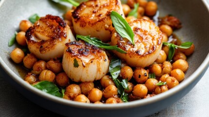 Fototapeta premium Grilled scallops and chickpeas garnished with fresh basil for a gourmet dining experience National Baked Scallops Day