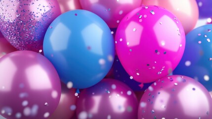 Festive pink and blue balloons with glitter confetti for celebrations and parties