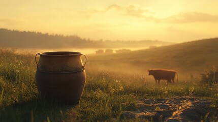 Obraz premium Rustic Pot on Farm at Sunrise