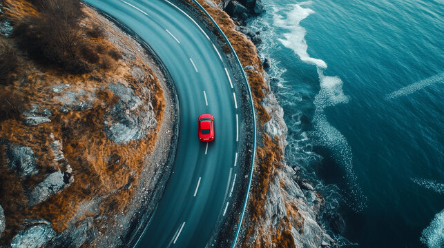 Aerial drone above top view of a red car driving on a spring or summer mountain road near the sea, spring sunny landscape. Vacation concept, travel by car Space for text. Generative AI. - Powered by Adobe