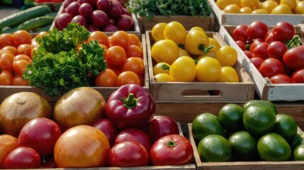 Vibrant Display of Fresh Vegetables in Baskets: A Colorful Market Scene Celebrating Nature's Bounty and Healthy