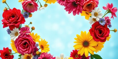 Vibrant Floral Wreath Against a Soft Blue Sky Background, Perfect for Spring or Summer Designs