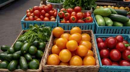 Vibrant Display of Fresh Vegetables in Baskets: A Colorful Market Scene Celebrating Nature's Bounty and Healthy