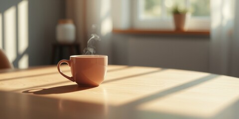 A warm mug of steaming beverage rests on a sunlit wooden table in a bright room