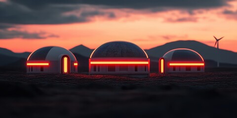 Fototapeta premium Futuristic Domes at Dusk with Wind Turbine Backdrop