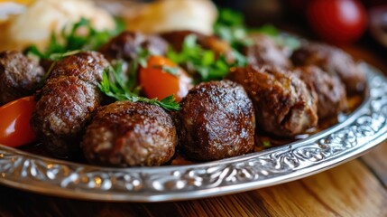 National Meatball Day. Savory homemade meatballs on elegant silver plate garnished with fresh herbs and vegetables