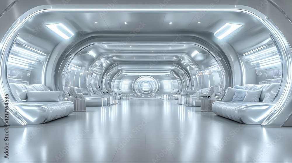 Poster ultra modern futuristic showroom with seamless white surfaces dynamic hidden lighting and a sophisti