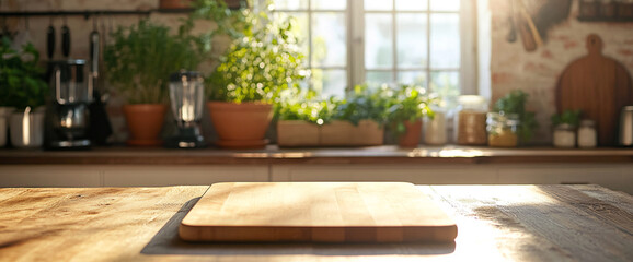 Sunlit Kitchen Countertop with Wooden Cutting Board and Herb Plants