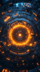 A circular circuit board with glowing connectors, representing technology and connectivity. Ideal for tech, electronics, and digital-themed visuals.