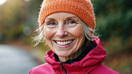 Radiant Senior Woman: A portrait of a smiling mature woman with graying hair, wearing a vibrant orange knit cap and a crimson jacket.  Her joyful expression radiates health and vitality. 