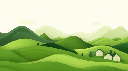 Obraz premium A serene landscape featuring rolling green hills, gentle slopes, and simple white houses under a soft sky.