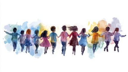 National Essay Day Watercolor illustration of diverse children holding hands against colorful background