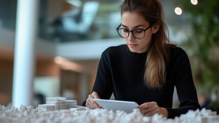 Caucasian young female architect reviewing model plans on tablet in modern office National Women Inventors Month