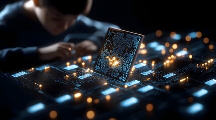 Futuristic digital classroom environment showcasing the importance of technology and digital literacy with students engaged in online learning and coding activities against a dynamic