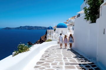 Fototapeta premium Breathtaking view of the Santorini coastline with iconic white architecture and vibrant blue domes under a clear sky, symbolizing beauty, vacation, and relaxation in paradise.