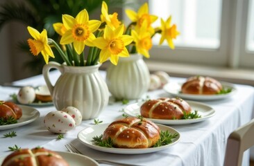 Easter. Hot cross buns, painted eggs, daffodil flowers, medium shot, selective focus