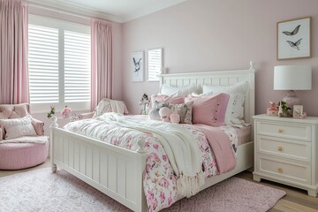 Teenage girl's bedroom interior with stylish furniture and beautiful decor elements.