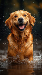 happy golden retriever splashing through water, enjoying playful moment. dog fur glistens with droplets, capturing joy of carefree day outdoors