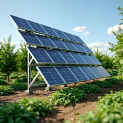 Solar Panels in Agriculture. Solar panel array in a green agricultural setting, showcasing a sustainable agrivoltaics system under a clear blue sky.