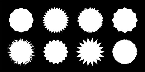 White circle shapes with jagged borders. Frames with zigzag, sharp, corrugated and curved edges. Vector illustration set isolated on black for stickers, tags, labels, stamps, badges.