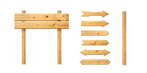 Wooden arrows pointers vector illustration set. Realistic wood sign posts. Blank arrows with wood texture.