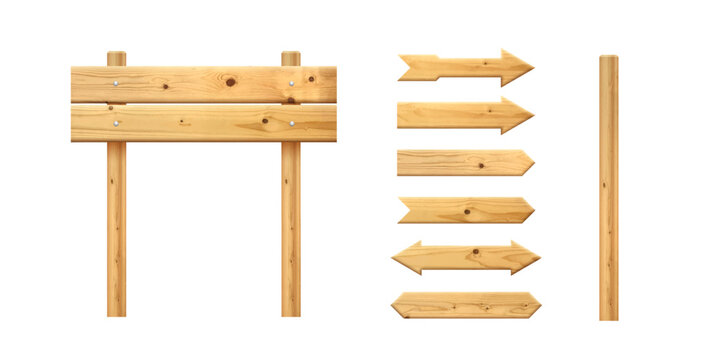 Wooden arrows pointers vector illustration set. Realistic wood sign posts. Blank arrows with wood texture.