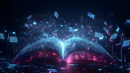 Conceptual representation of digital literacy in education showcasing interconnected technology e learning solutions and students collaborating through online platforms with a high tech background