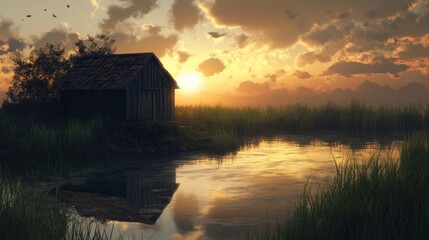 Sunset cabin lake reflection rural landscape peaceful