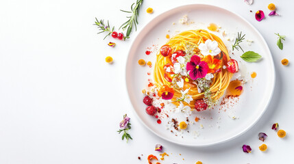 Edible Flower Pasta: A delectable plate of pasta adorned with vibrant edible flowers, creating a visually stunning and gourmet culinary experience.  The dish is presented artfully.