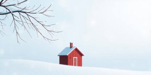 Winter Wonderland A Small Red Cabin Nestled in a Snowy Landscape, Under a Clear Sky and Bare Branches