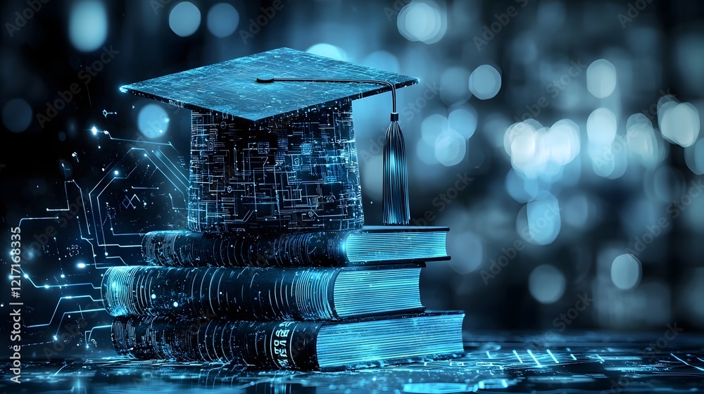 Poster 3D of a graduation cap placed on top of a book symbolizing education and knowledge in the digital age with glowing technology inspired elements in the futuristic background