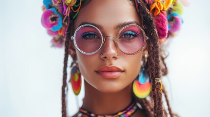 Obraz premium Colorful Bohemian Style with Braids and Sunglasses