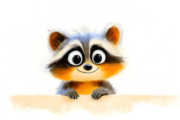 Obraz premium A cheerful cartoon raccoon with big eyes and a soft fur pattern sits with its paws resting on a table. The background is white, enhancing the character's playful expression