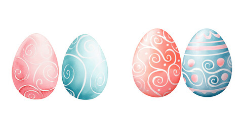 Fototapeta premium Four decorated eggs in pastel shades of pink and blue, featuring intricate swirls and patterns.