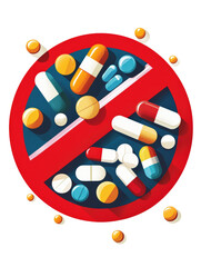 Isolated Prohibition Sign with Pills and Tablets