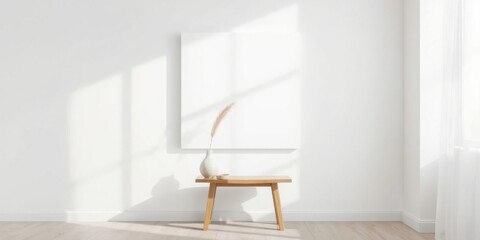 Minimalist Interior Design Blank Canvas, Wooden Bench, and Dried Floral Arrangement in a Bright Room