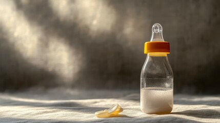 Obraz premium Infant Feeding Bottle with Milk and Nipple on Textured Surface