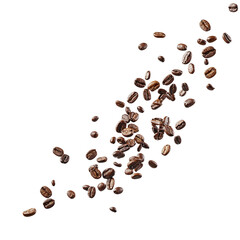 Obraz premium Freshly roasted coffee beans suspended in mid air on a clean white background
