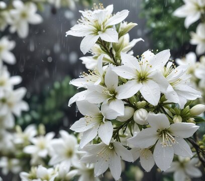 Close-up of white wrightia antidysenterica flowers in the rain, wet, bloom, plant, dew, delicate