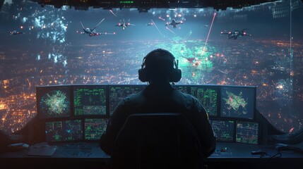 A rear view of a pilot wearing headphones, focused on multiple computer screens displaying an aerial combat simulation.