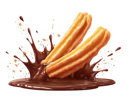 Delicious churros dipped in rich chocolate sauce, creating delightful splash. Perfect for dessert lovers and sweet treat enthusiasts