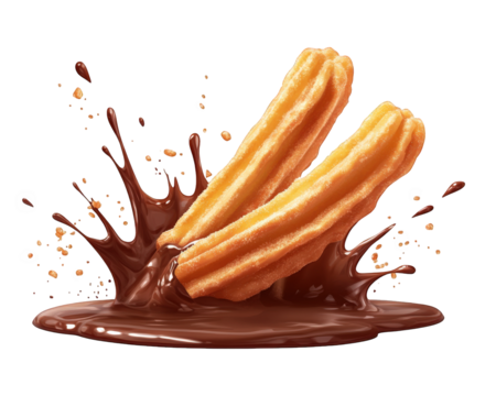 Delicious churros dipped in rich chocolate sauce, creating delightful splash. Perfect for dessert lovers and sweet treat enthusiasts