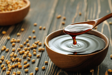 soy sauce pouring from spoon in bowl with splash and drop and dry soybeans on wooden table