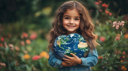 A cute little child stands hugging a heart shaped globe. Expressing their love for the world for Earth day and World peace.