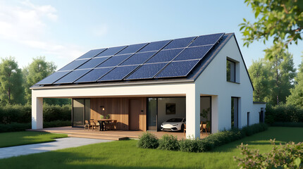Obraz premium Modern eco friendly passive house with solar panels on rooftop. Home solar panel. Solar panels on roof of modern apartment building in city 