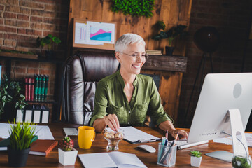Photo of successful lady entrepreneur dressed shirt eyewear eat healthy snack workplace workstation...